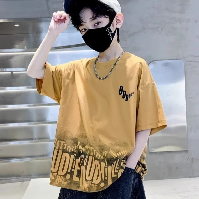 Summer Boy T-shirt Water Washed Gradually Dyed T-shirt Breathable Top Loose Fitting Sports Tees High Quality Kids Clothes 7-12Y