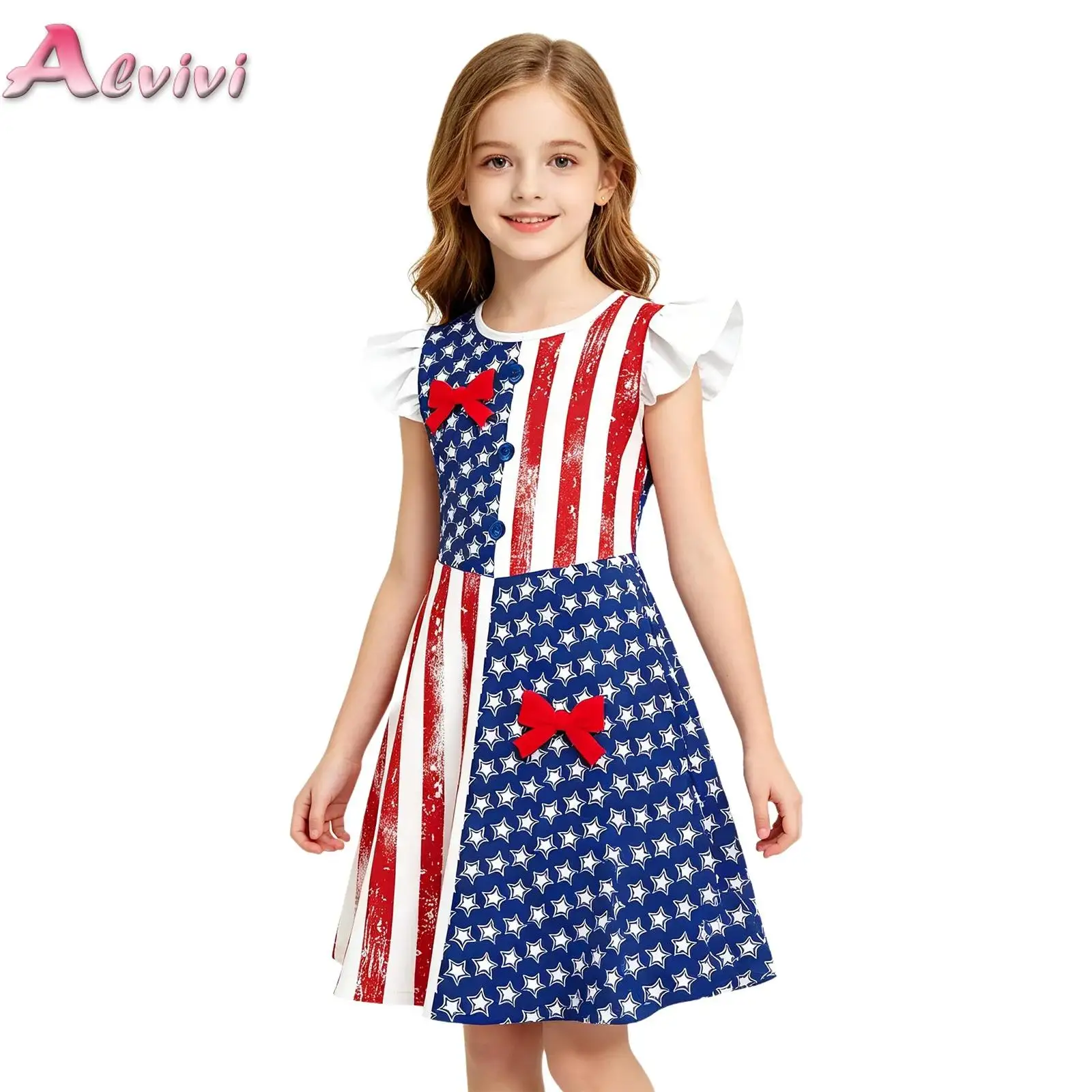 Kids Girls Star-patterned Flutter-sleeve Adorable Dress with Stripes Buttons and Bows for Independence Day Daily Wearing