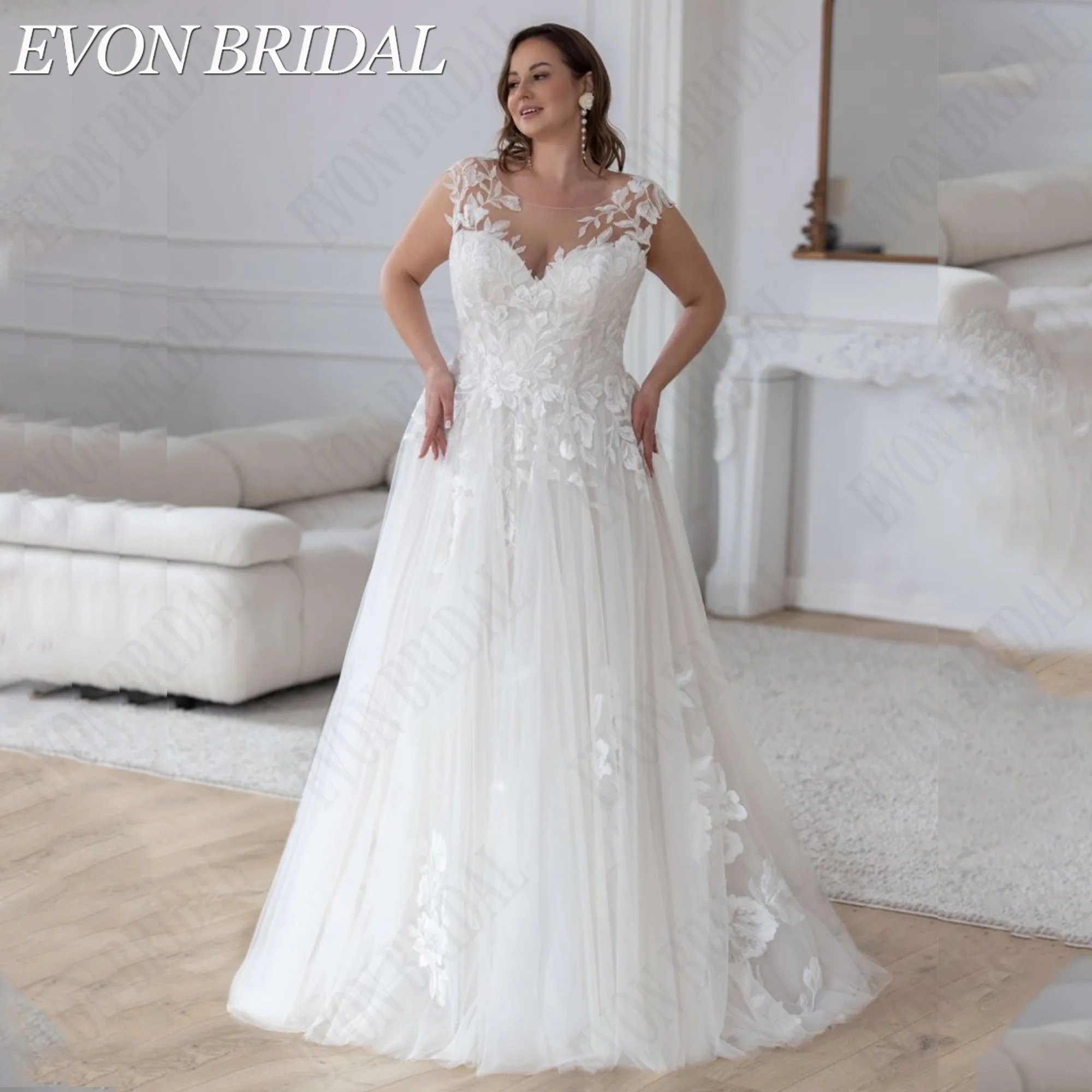 EVON BRIDAL Cap Sleeves Sequined Lace Appliques Customized Bride Dress Plus Size Tulle Wedding Gown Scoop Neck Robe de Mariee
