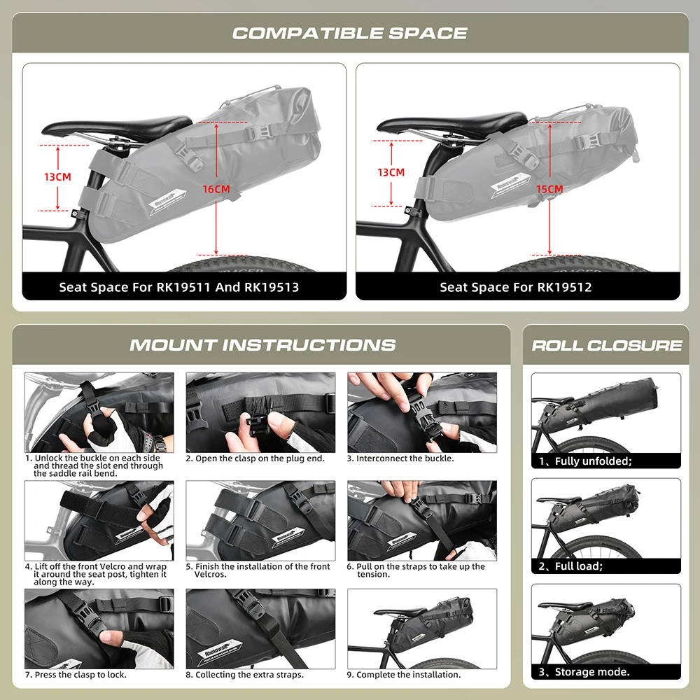 Rhinowalk Bike Saddle Bag Waterproof Bike Seat Bag 13L Foldable Bicycle Tail Bag MTB Road Trunk Bikepacking Bicycle Accessories