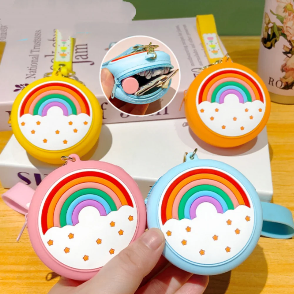 صغيرة قوس قزح سيليكون محفظة نسائية للعملات المعدنية حقيبة سماعة الاذن محفظة صغيرة لطيف قوس قزح جولة مفتاح حقيبة التخزين لحقيبة الظهر هدايا الأطفال