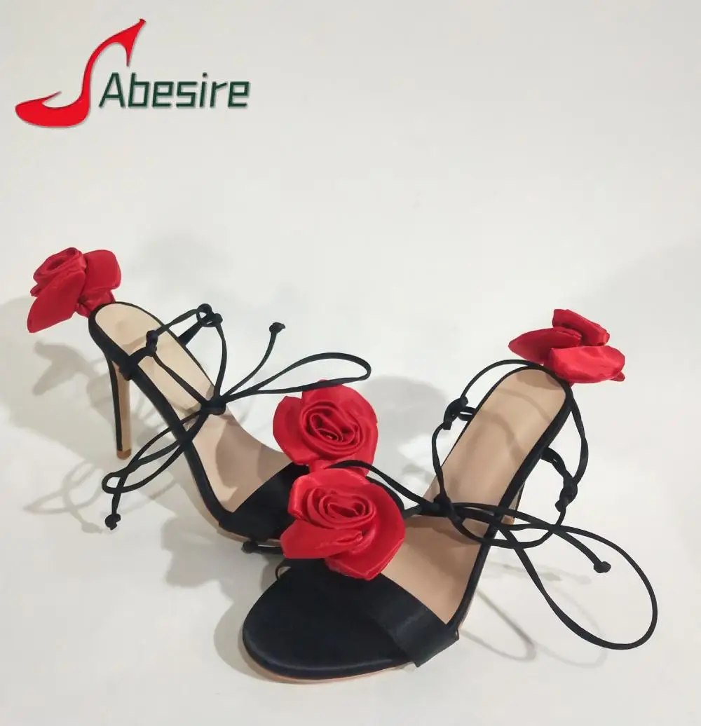 

Sexy Silk Rose High Heels Open Toe Ankle Strap Women's Sandals Fashion Summer Sweet Flower Stiletto Party Banquet Wedding Shoes