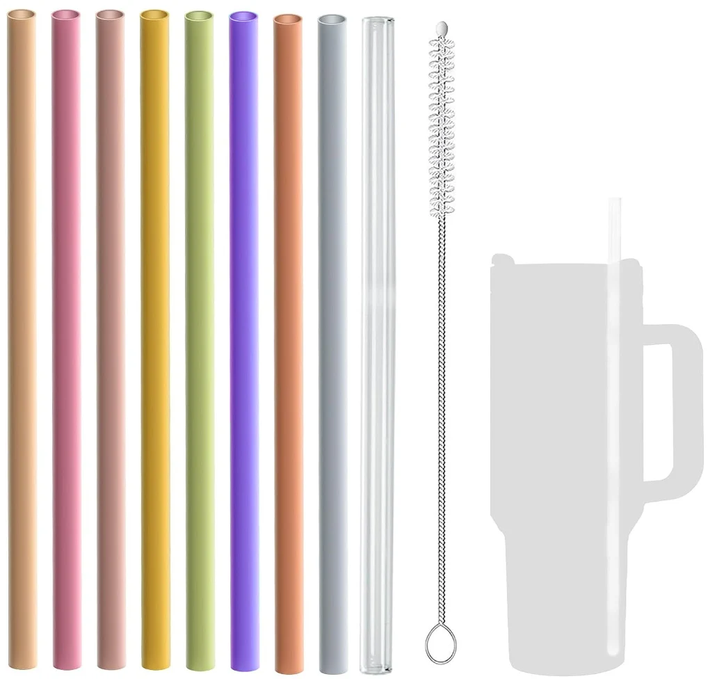 9 Pack Reusable Straws with Cleaning Brush, Replacement 40 oz Silicone Straws for Stanley Quencher Travel Bottles
