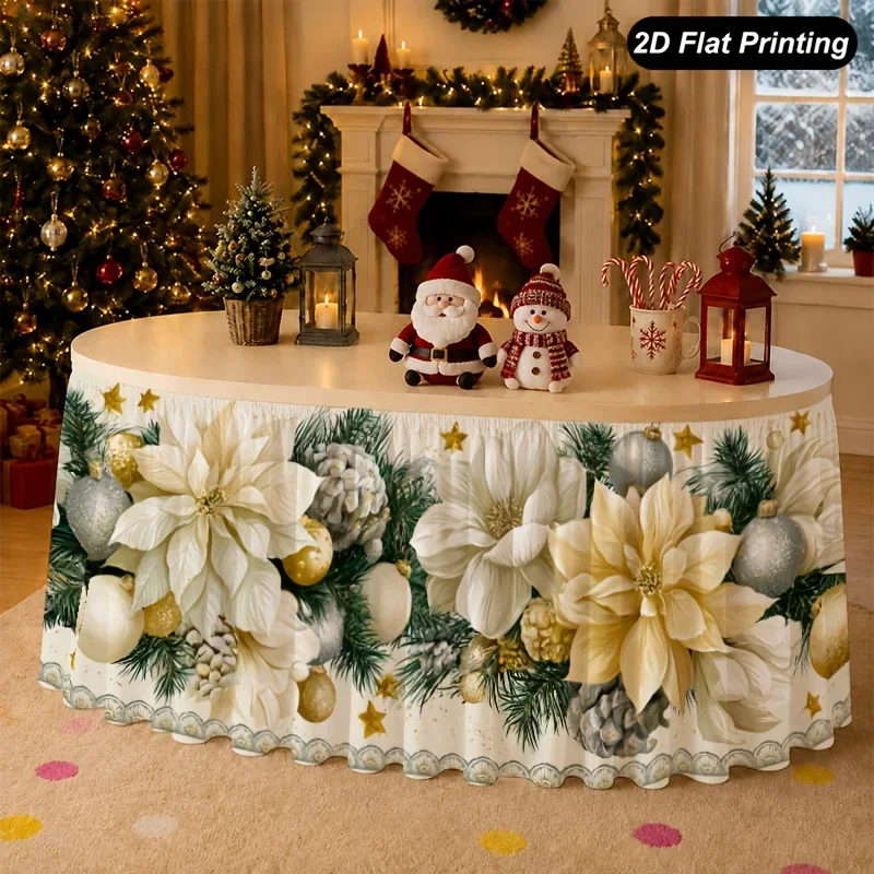 1 piece 2D flat Christmas tablecloth - white and gold floral tablecloth - highly suitable for decorating the family kitchen