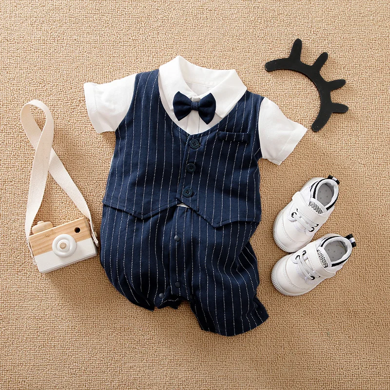 Summer Bow tie gentleman Short sleeves for newborn Baby boys romper Cotton fashion Plaid jacket clothes One piece kids jumpsuit