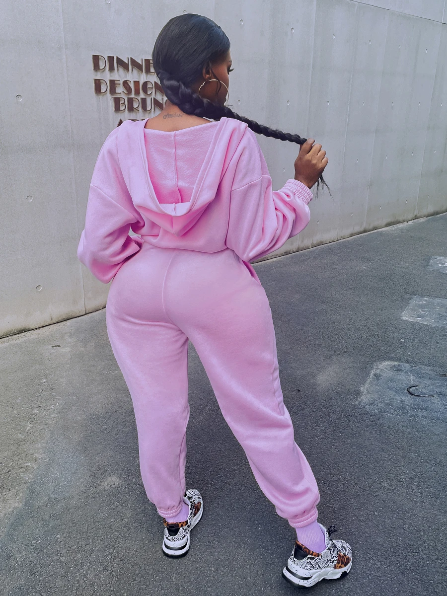 LW Zipper Up Fall Winter One Piece Pink Letter Loose Sweat Jumpsuit Deep V Neck Sporty Cargo Long Pants Romper with Pockets