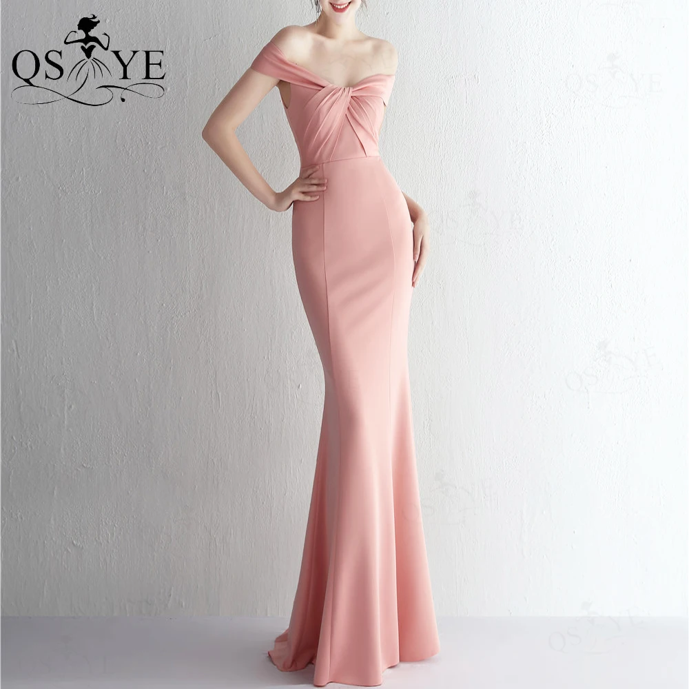 

Off Shoulder Pink Evening Dresses Simple Elastic Mermaid Formal Evening Gown Ruched Crisscross Knot Fitted Prom Party Dress Chic