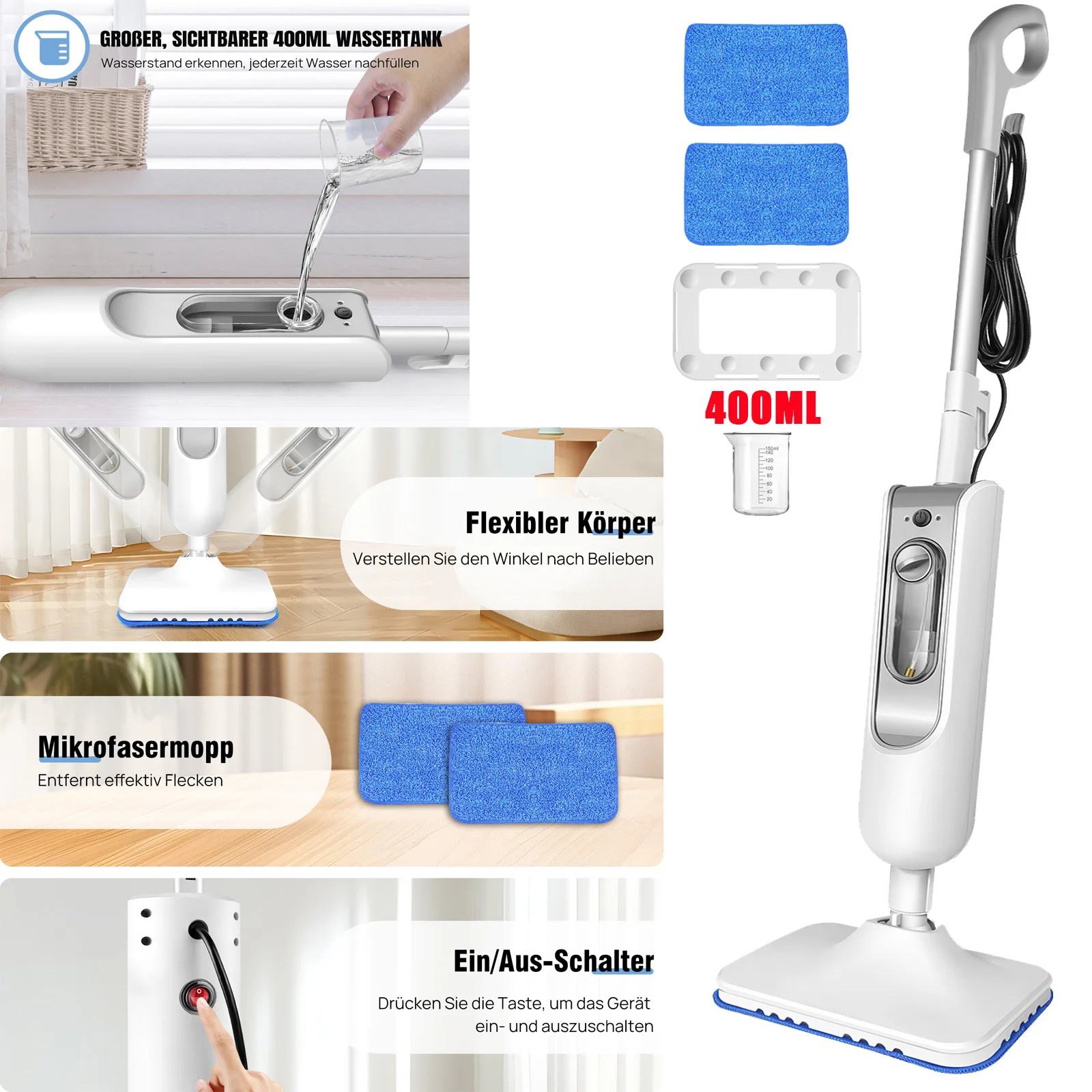 DayPlus Steam Mop & Detachable Steam Cleaner, 1500W Powerful Floor Steamer for Carpet Laminate Hardwood Grout Tile Marble, 400ml