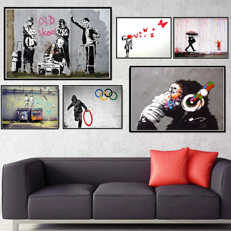 Banksy Street Graffiti Art Collage Monkey Canvas Painting with Frame Nordic Poster and Prints Abstract Wall Picture Home Decor