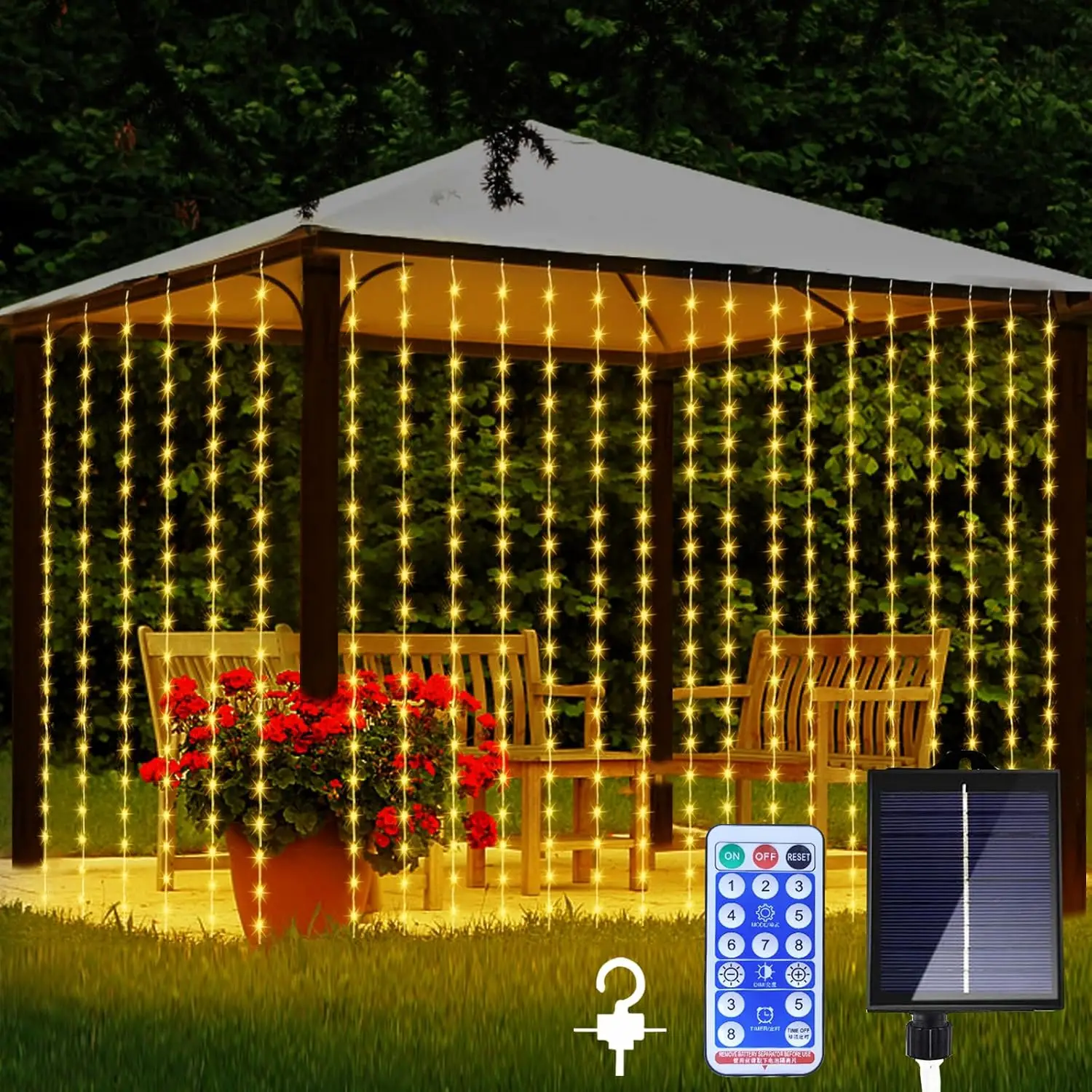 

300 LED Solar Curtain Light Fairy Lights, IP65 Waterproof Copper Wire Lights for Christmas Party Wedding Garden Wall Decoration