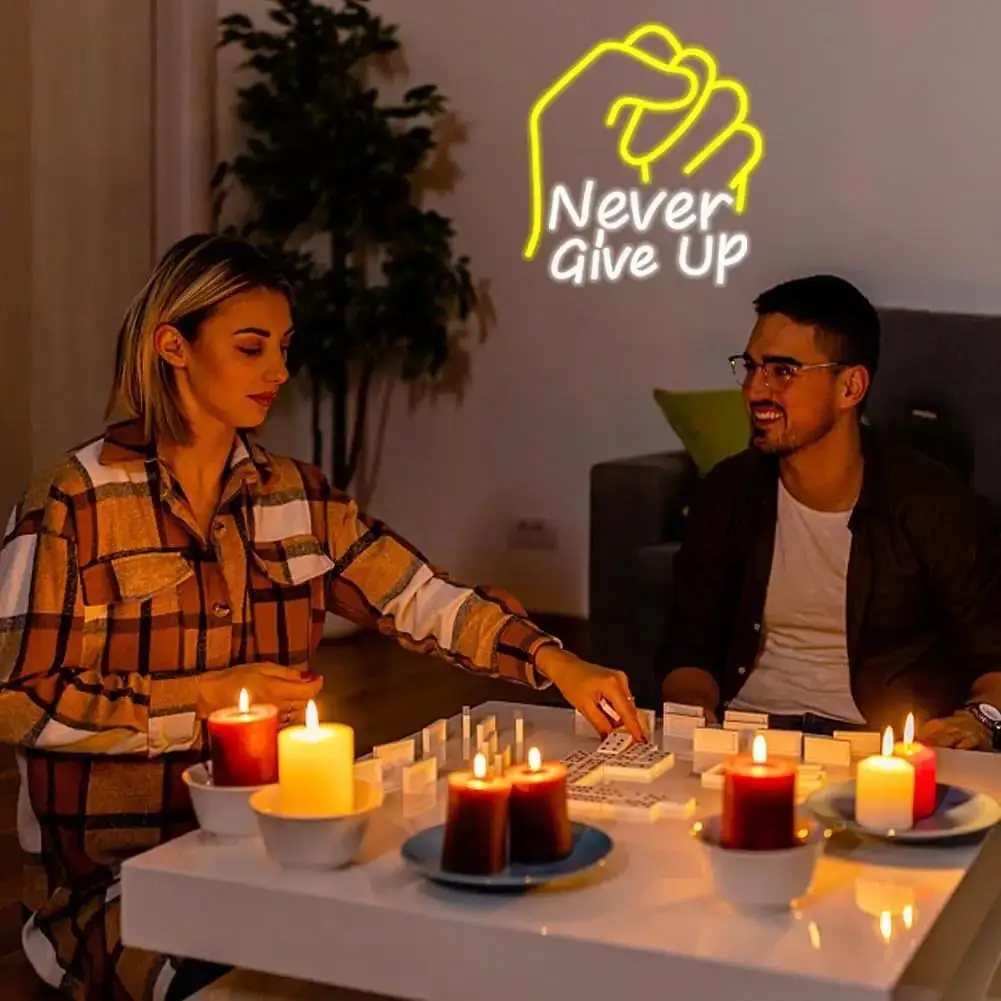 Never Give Up Fist Neon Sign USB Dimmable LED Inspirational Wall Decor for Home Gym Study Bedroom Club Bar Graduation Party Gift