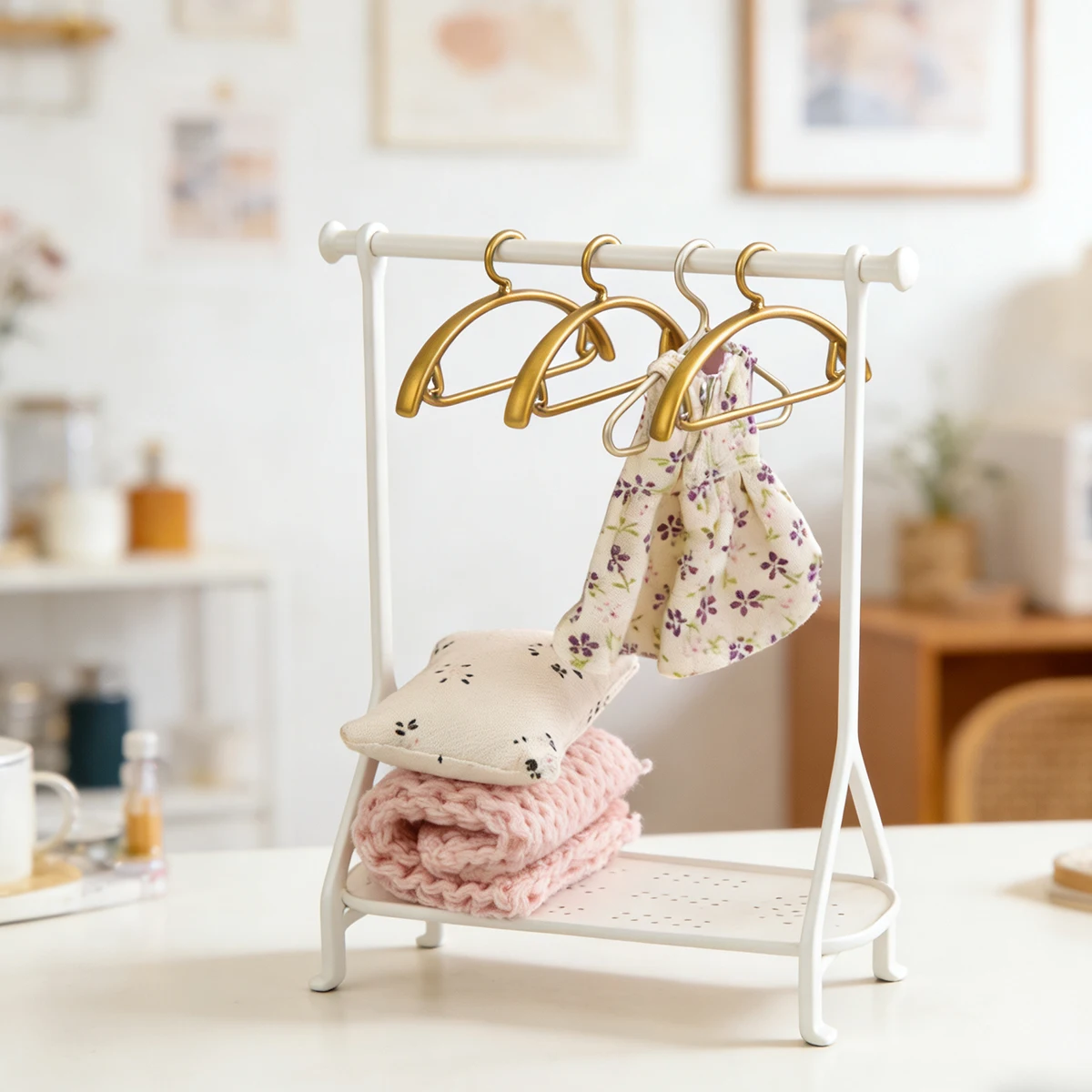 1:12 Scale White/Gold Two-Tone Metal Minimalist Miniature Hanger Ornament (Includes 3 Hangers), Perfect for BJD/OB11 Dollhouses