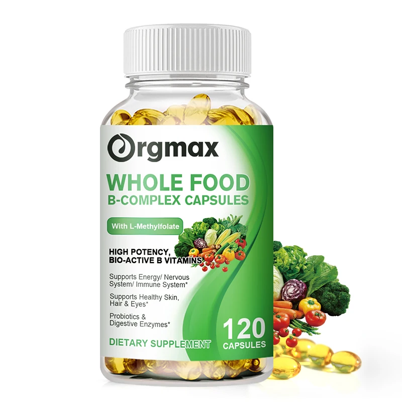 Orgmax Vitamin B Complex Capsules Whole Food Supplement B1 B2 B3 B5 B6 B7 B9 B12 Resveratrol Stress Relief Energy&Immune Support