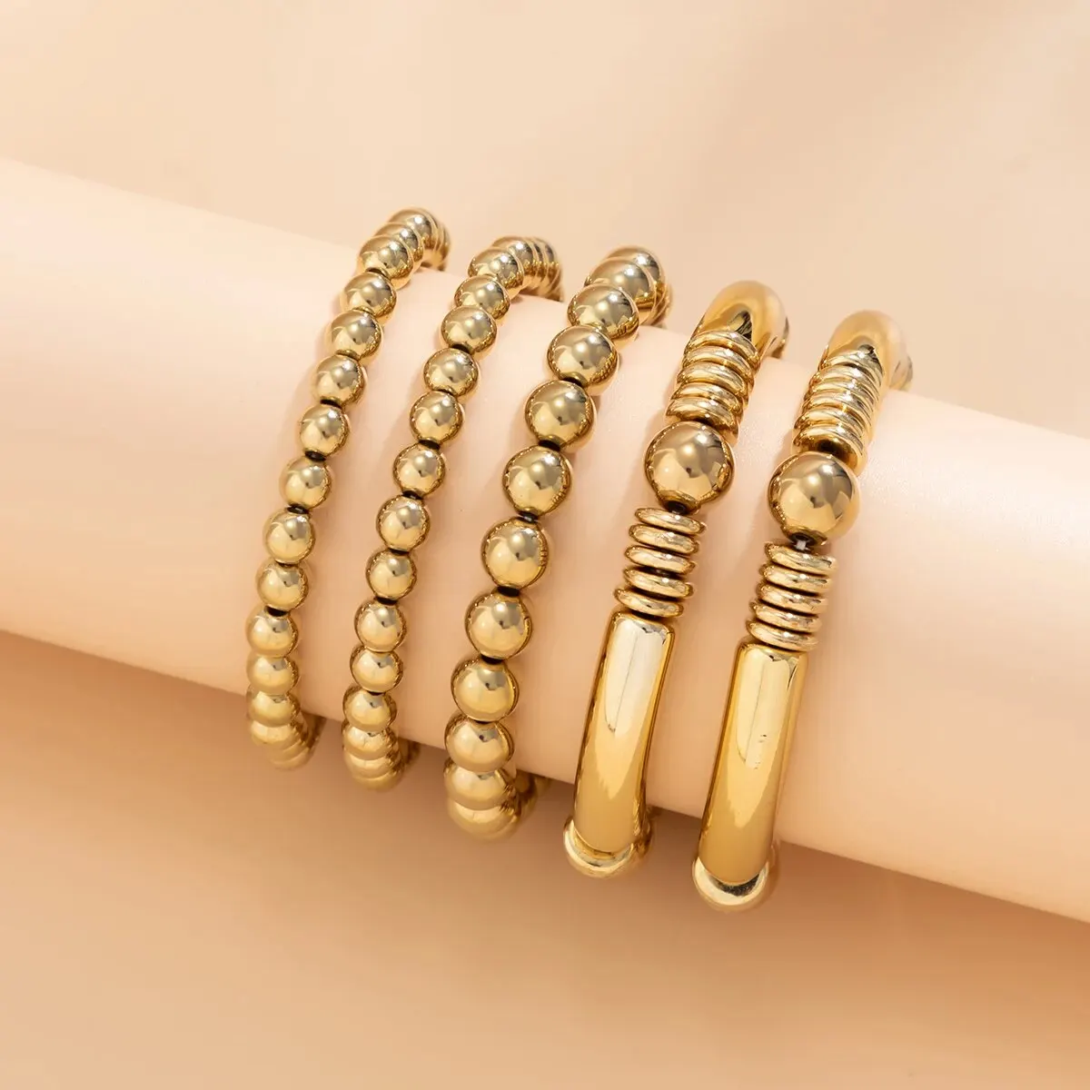 5Pcs/Set Punk Vintage Gold Color Round Beads Bracelets for Women Exaggerated Big Ball Elastic Charm Bangles HipHop Party Jewelry