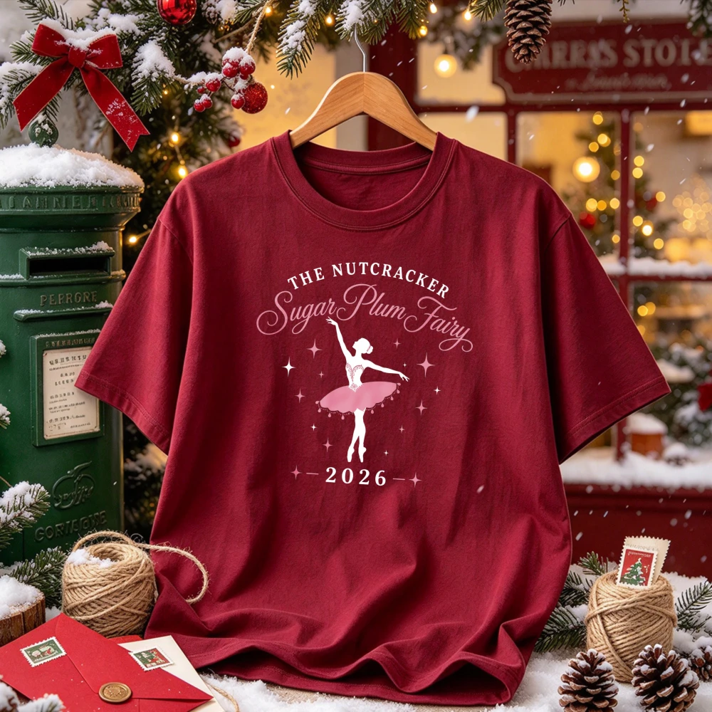 The Nutcracker Sugar Plum Fairy 2026 Graphic Tee Ballerina Silhouette Sparkle Star Christmas Ballet Performance Casual T-shirt