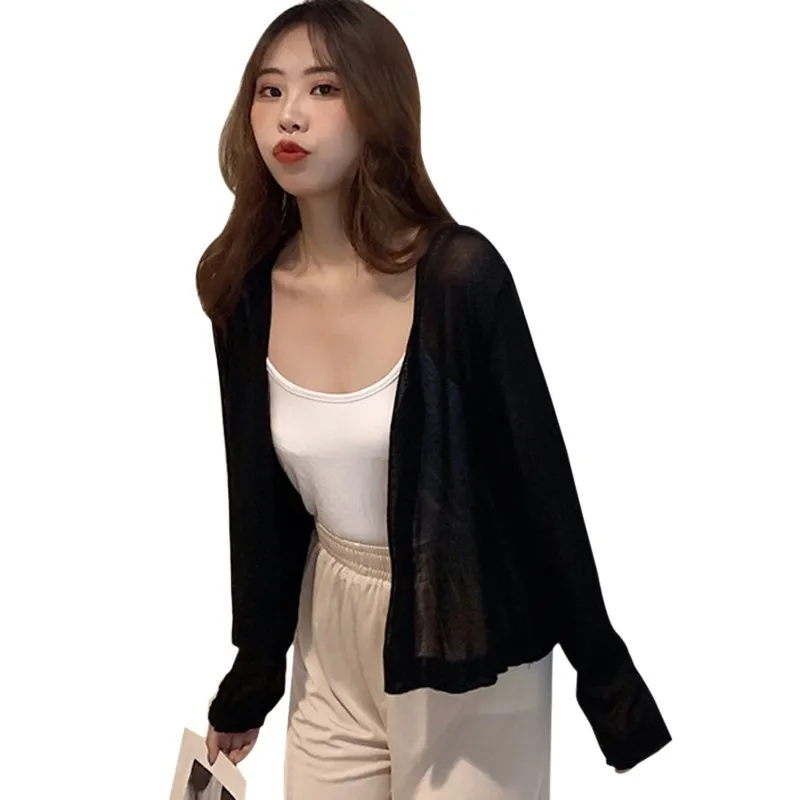 Women Knitted Cardigan Summer Thin Sunscreen Knit Top V-Neck Button Casual Long-Sleeved Cardigan Shirt Breathable Short Coat