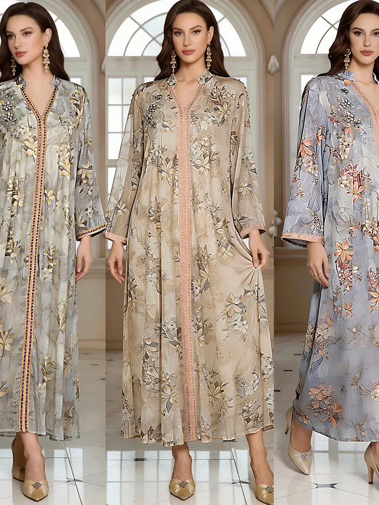

Middle East Cross-Over New Style Women's Long Sleeve V-Neck Beaded Sequin Dress Jalabiya Maxi Skirt Traditional Ethnic Fashion