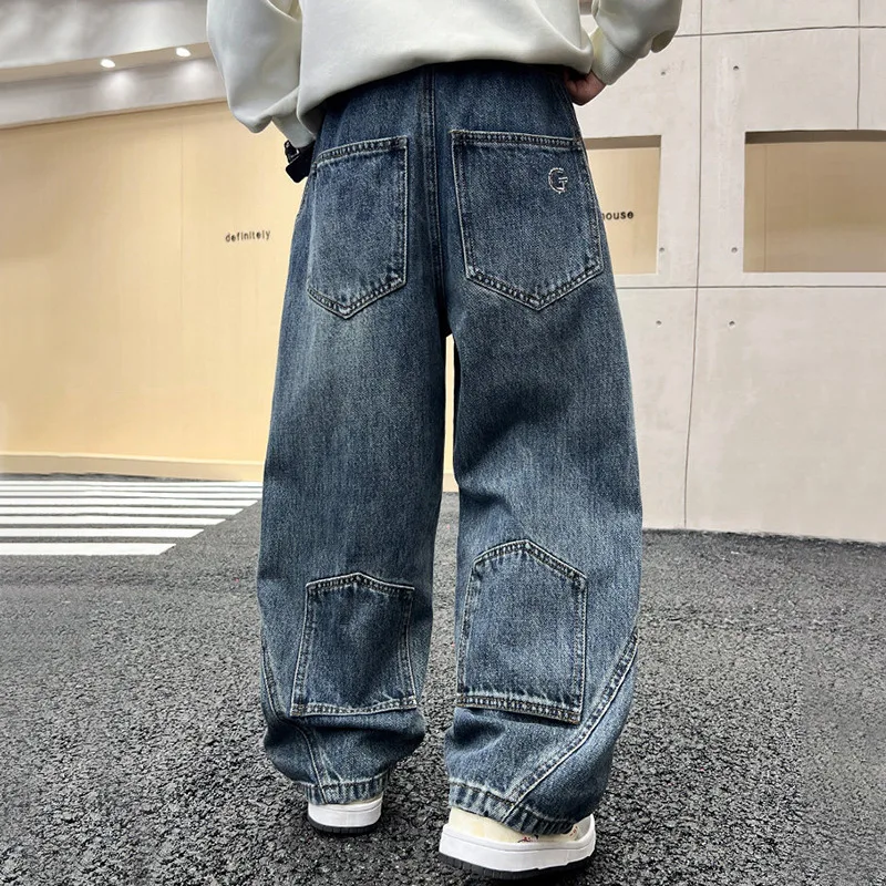 Boys Vintage Straight Leg Jeans Pants for Teens Children Fashion Casual Wide-leg Denim Trousers for School Kids 4-15 Y