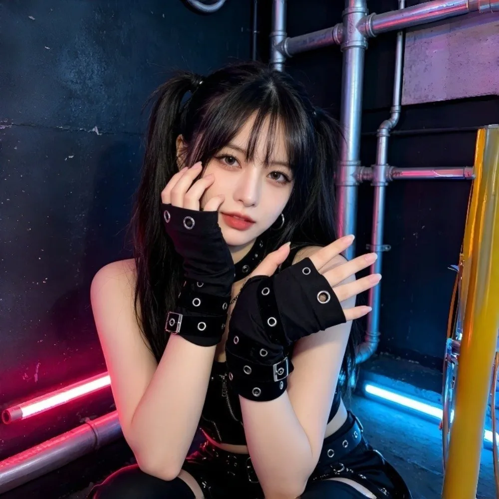 Personalized Rivet Half-finger Gloves Y2K Hip Hop Fingerless Mittens Elastic Black Arm Cover Women