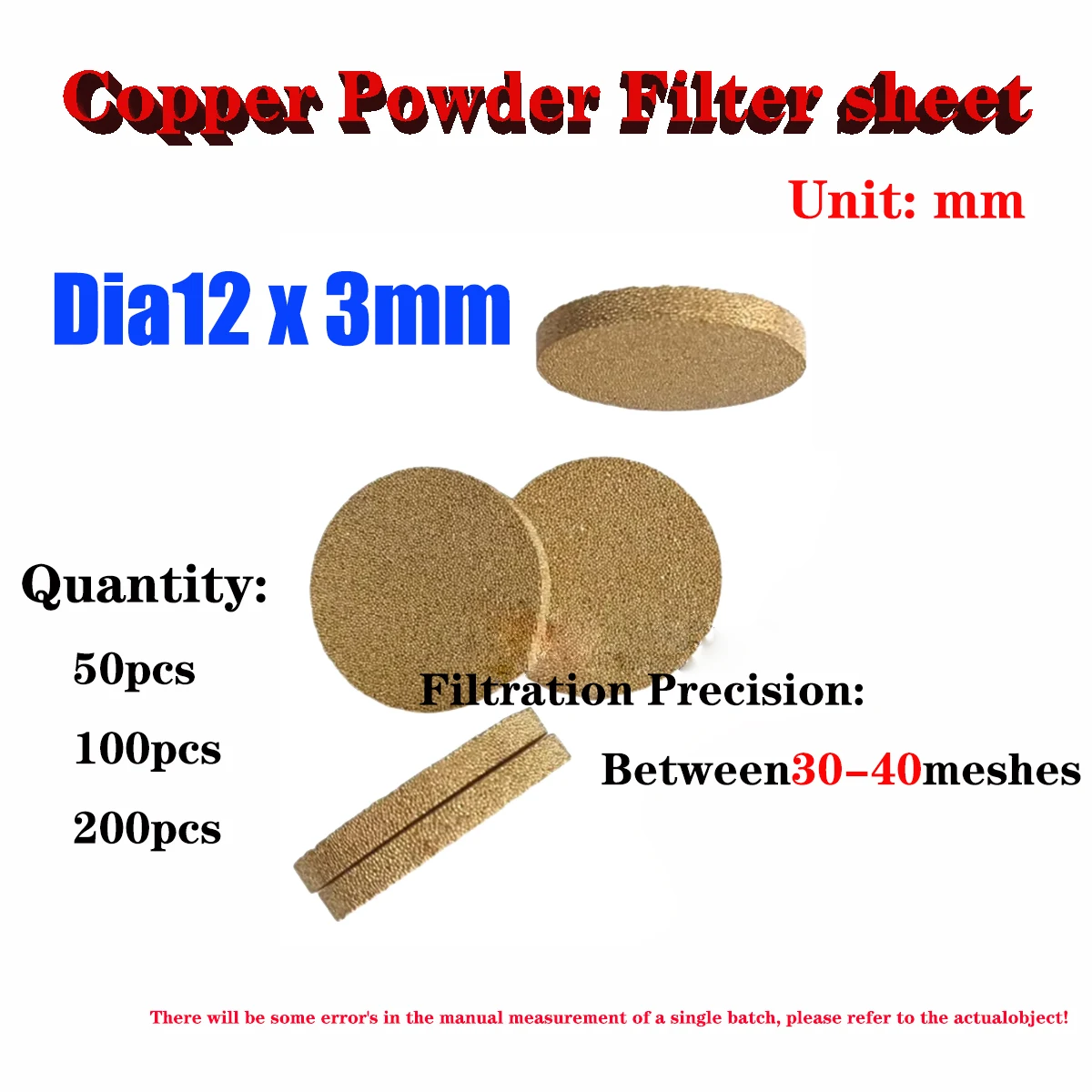 Dia12x3mm Copper Powder Sintered Filter Disc Circular Filter Filtration Granular Air Filter Column Precision Between 30-40Meshes