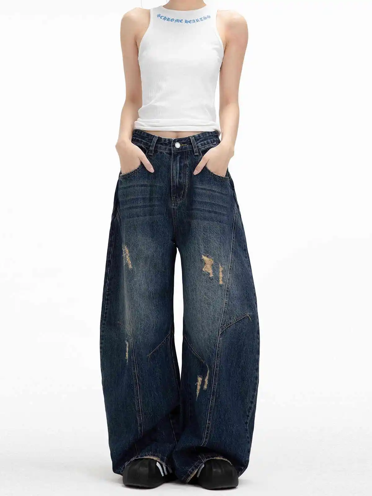 

Women's Retro Wide Leg Baggy Casual Denim Trouser Harajuku Washed High Waist Loose Jeans 2025 Autumn Blue 2000s Pants