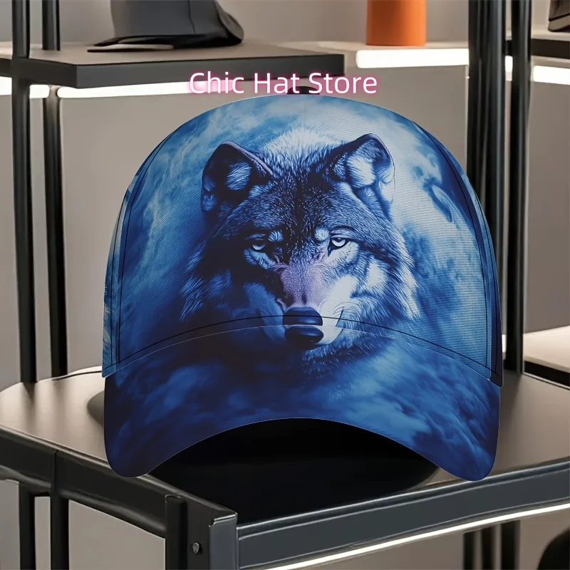 1pc Mystical Blue Wolf Aura Print Duckbill Cap - Adjustable Snapback Hat with Wolf Pack Design, Lightweight for Outdoor, Christm