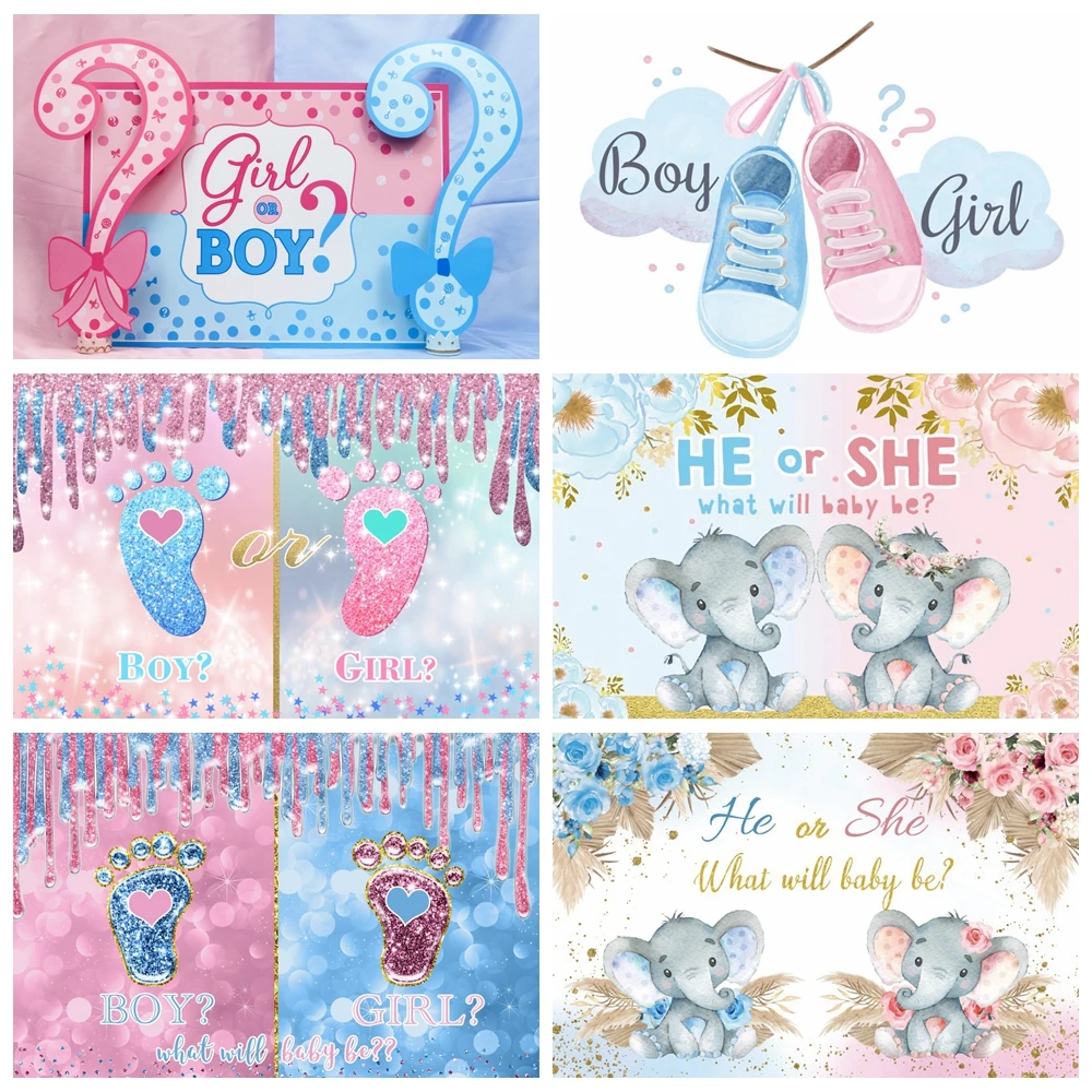 

Gender Reveal Boy Or Girl Backdrop for Photography Pink Blue Elephant Bear Newborn Baby Shower Photocall Background Photo Studio