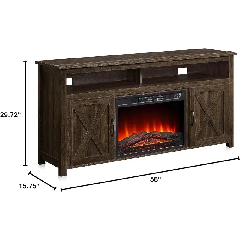 BELLEZE - Soporte para TV con chimenea eléctrica de madera con puerta de granero para televisores de hasta 65 pulgadas, estantes abiertos y gabinetes, centro de entretenimiento multimedia