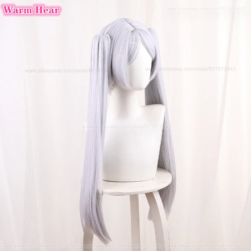 Anime Synthetic Hair Frieren Cosplay Wig 65cm Long Silver White Double Ponytails Wig With Ear Heat Resistant Fibre Wigs +Wig Cap