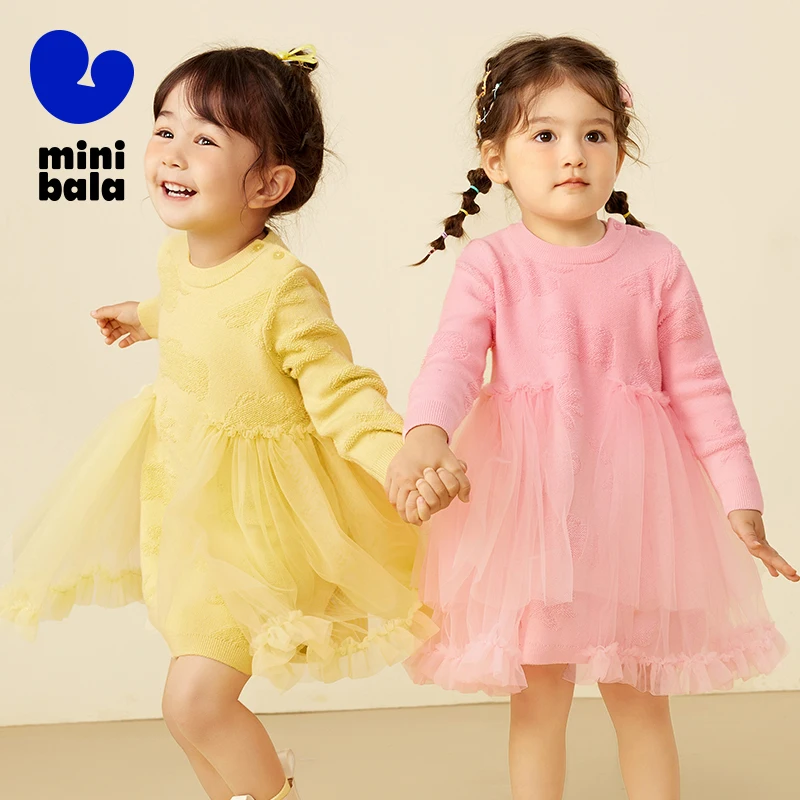 Mini Bala Dress Girls Dress for 2024 Autumn New Autumn Arrival for Babies Knitted Tulle Princess Dress