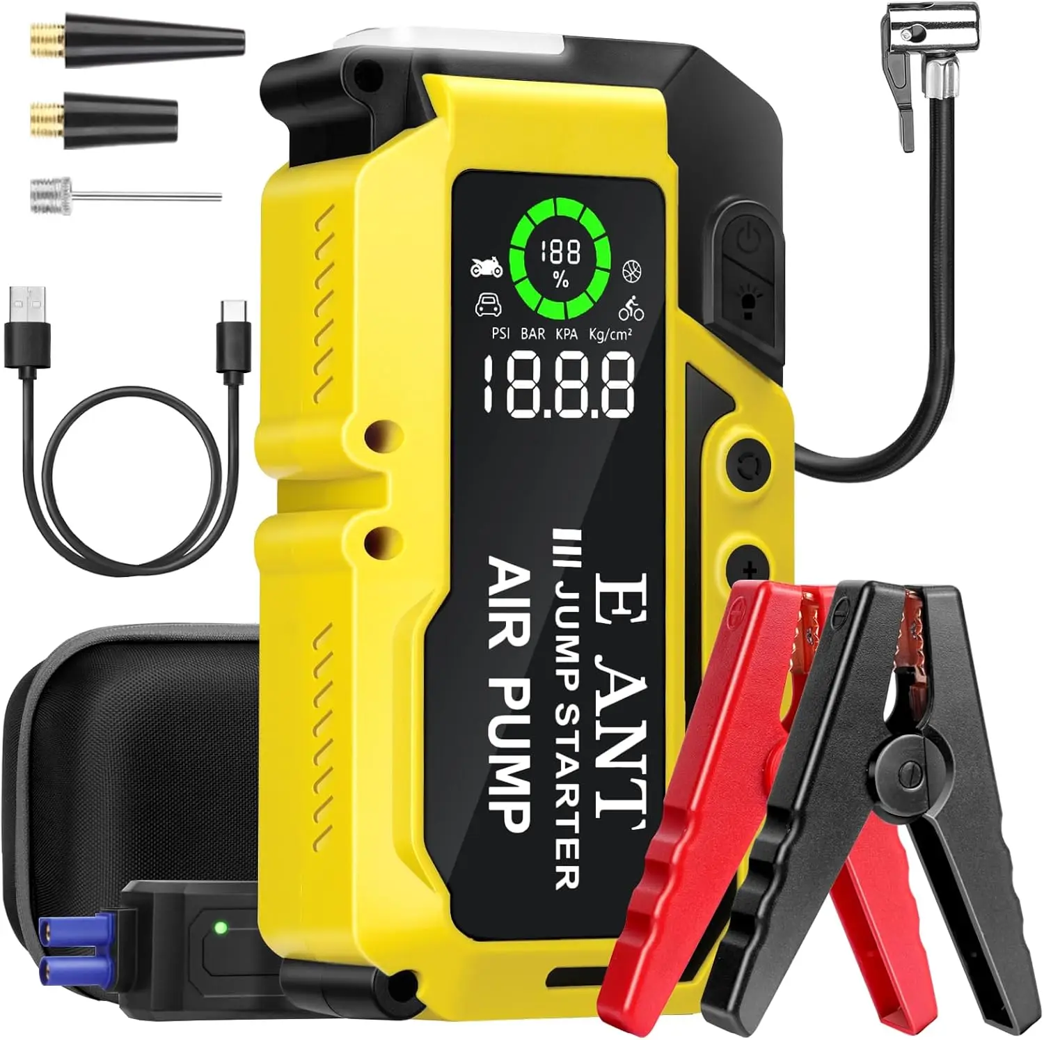 

Car Battery Jump Starter with Air Compressor, 4000A Peak, 150PSI, 12V Jump Box for 10L Gas/8L Engine, LCD Display, Lights, Jumpe