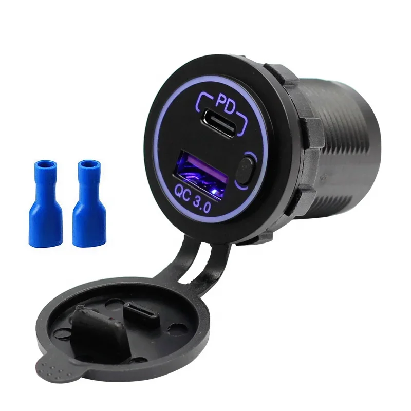 Waterproof PD Type C USB Car Charger and QC 3.0 Quick Charger 12V Power Outlet Socket with ON/Off Switch for Motorcycle RV ATV