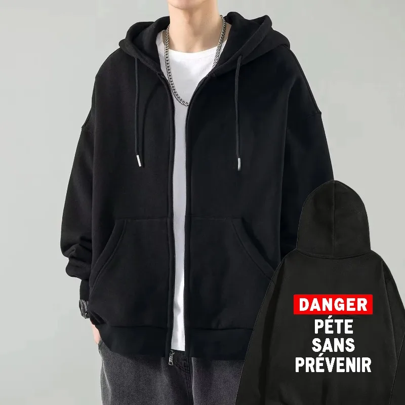 

Mens Hooded Jacket Black Danger Pete Sans Prevenir Printed Streetwear Casual Outfit Urban Fashion Hip Hop Style