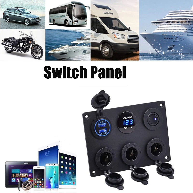 Multi-function Car Boat Marine w/ Dual USB Charger Rocker Switch Blue Control Panel Switch 12-24V