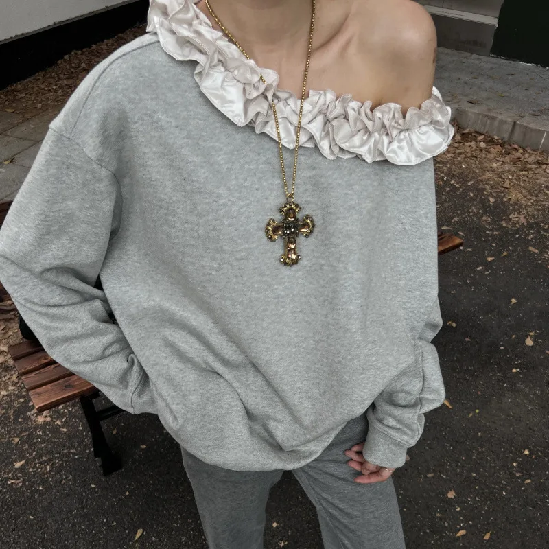 

2025 Autumn Korean Fashion Drop Sleeve Sweatshirt Women's Ruffle Floral Skew Neck Off-shoulder Hoodies Patchwork Pullover Tops