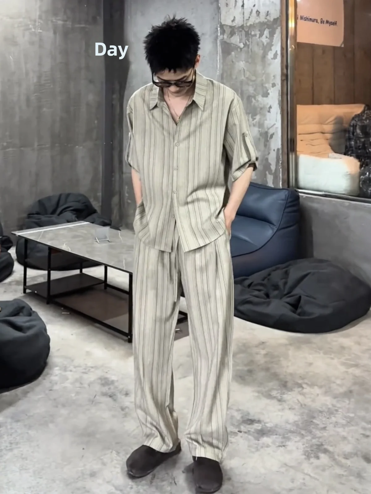 Lightweight Summer Men's Casual Stripe Shirt And Pants Set Breathable Loose Fit Long Sleeve Polyester Fiber Youth Fashion