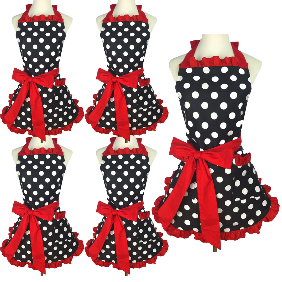 5PCS/1PCS Cute Apron Retro Black Pink Polka Dot Retro Ruffle Side Vintage Cooking Aprons with Pockets for Women Girls Kitchen