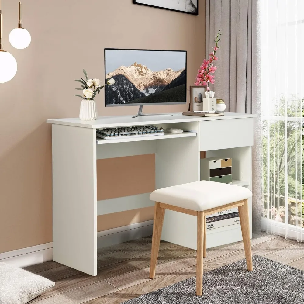 White Desk with Drawer, Wooden Computer Desk with Pull-Out Keyboard Tray & Adjustable Storage Shelves, Modern Laptop PC