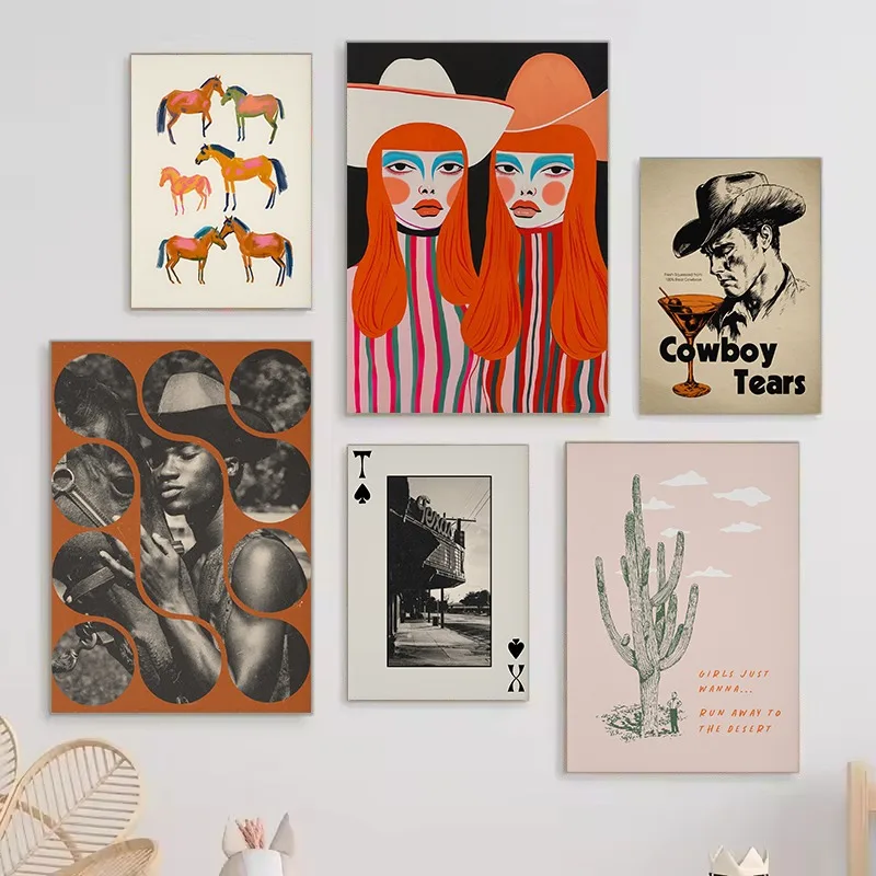 Retro Western Pop Art Colorful Cowboy Boots Horse Playing Cards Aesthetic Poster Canvas Painting Wall Pictures Home Decor