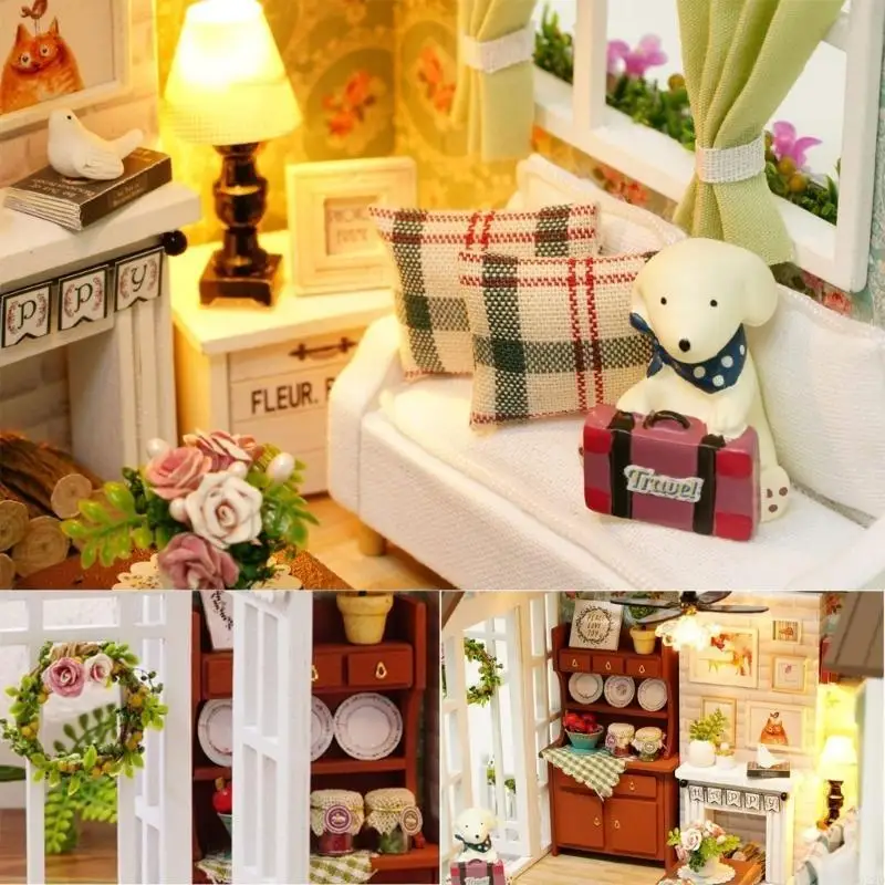 

Q22D Light Up DIY Dollhouse Kits Handmade House Model Easy Assemble Mini Cabin Room Elegant Christmas Gift Children Craft Toy