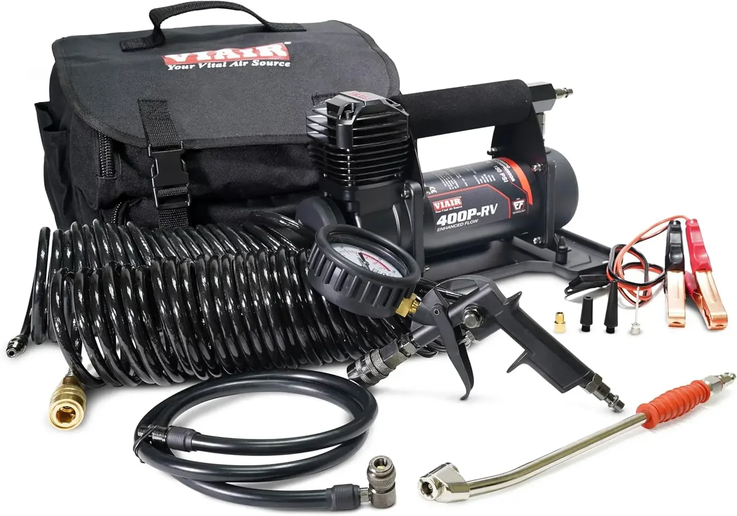 Air Compressor with RV Inflation Gun, 90 Degree Chuck | 33% Duty Cycle @ 100 PSI, Max Pressure 150 PSI (SAE, Alligator Clips)