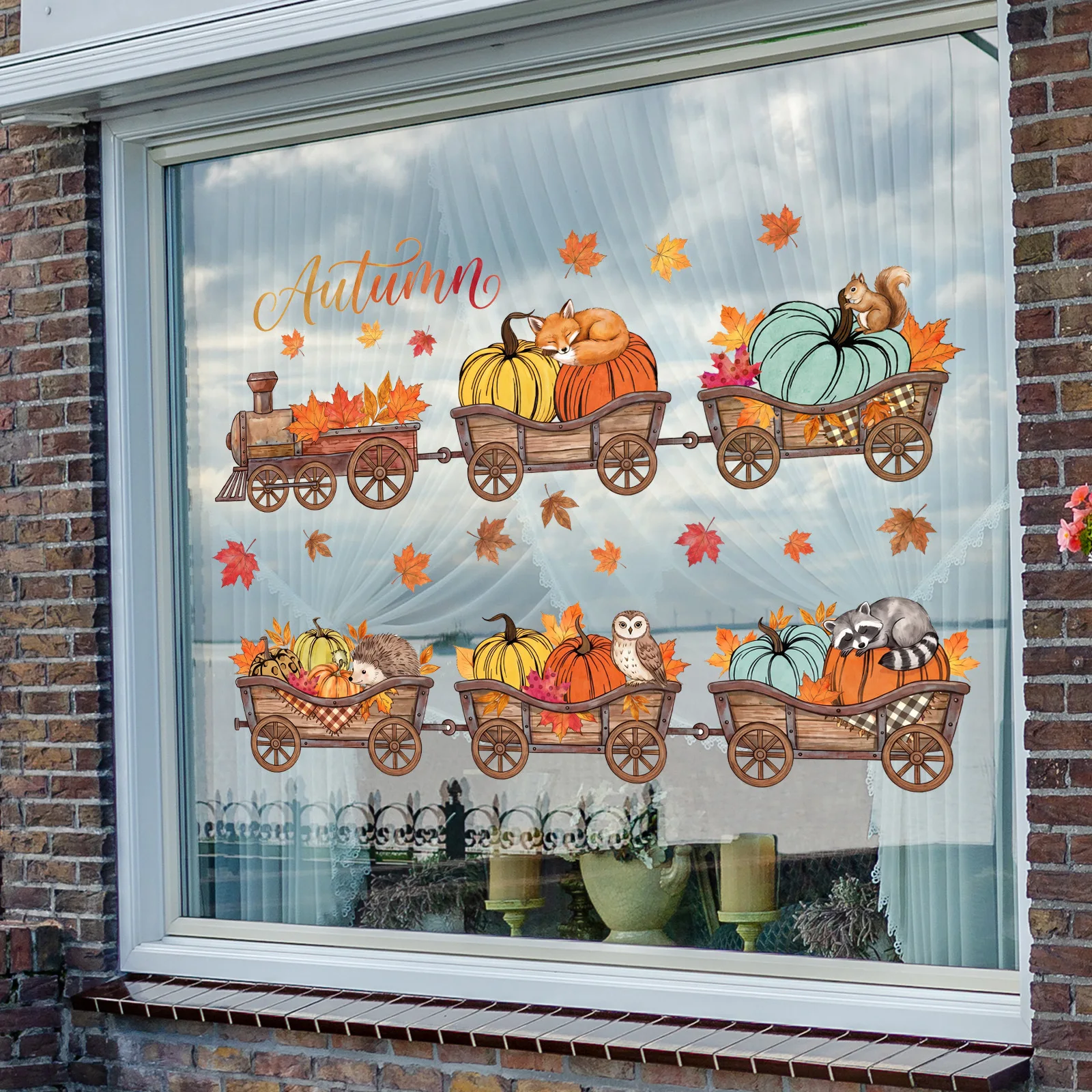 for static Cling Autumn Harvest Train Design for Smooth Glass Surfaces Including Sliding Doors and Retail Window Displays