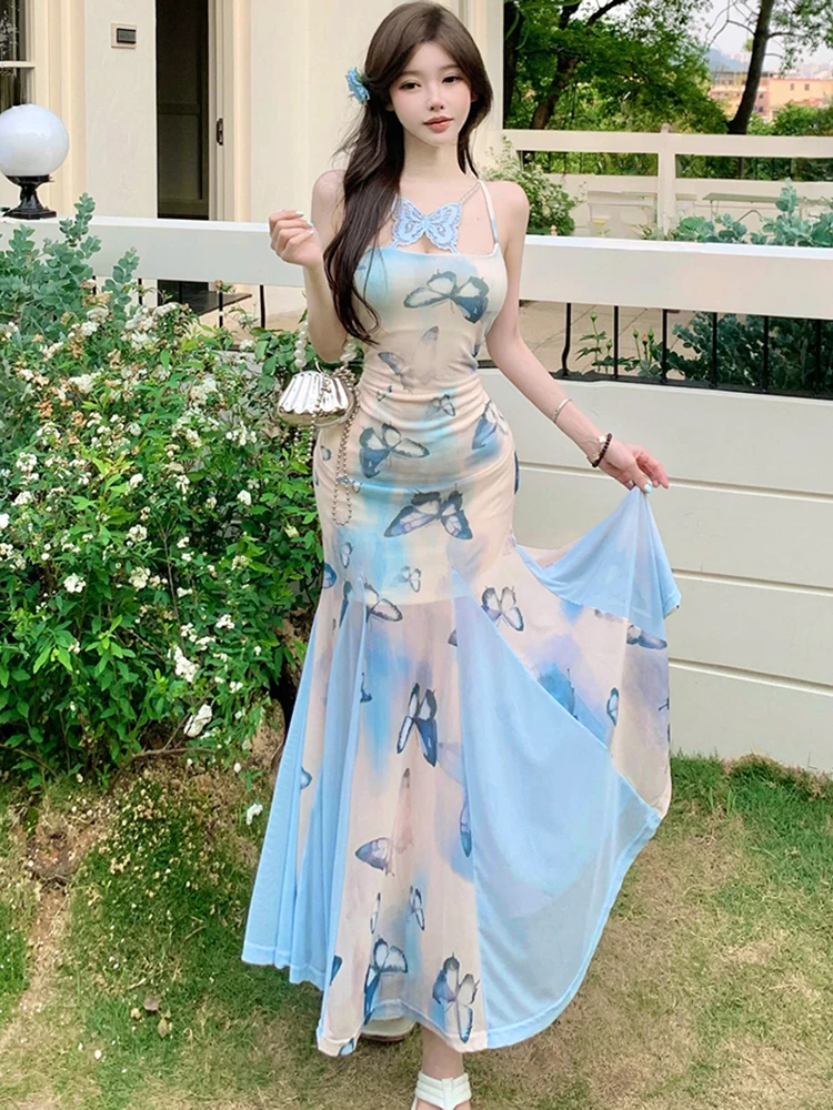 2025 Boho Blue Floral Mesh Chic Sling Sexy Long Dress Women Elegant Ruffled Casual Dress Summer New Korean Bodycon Holiday Dress