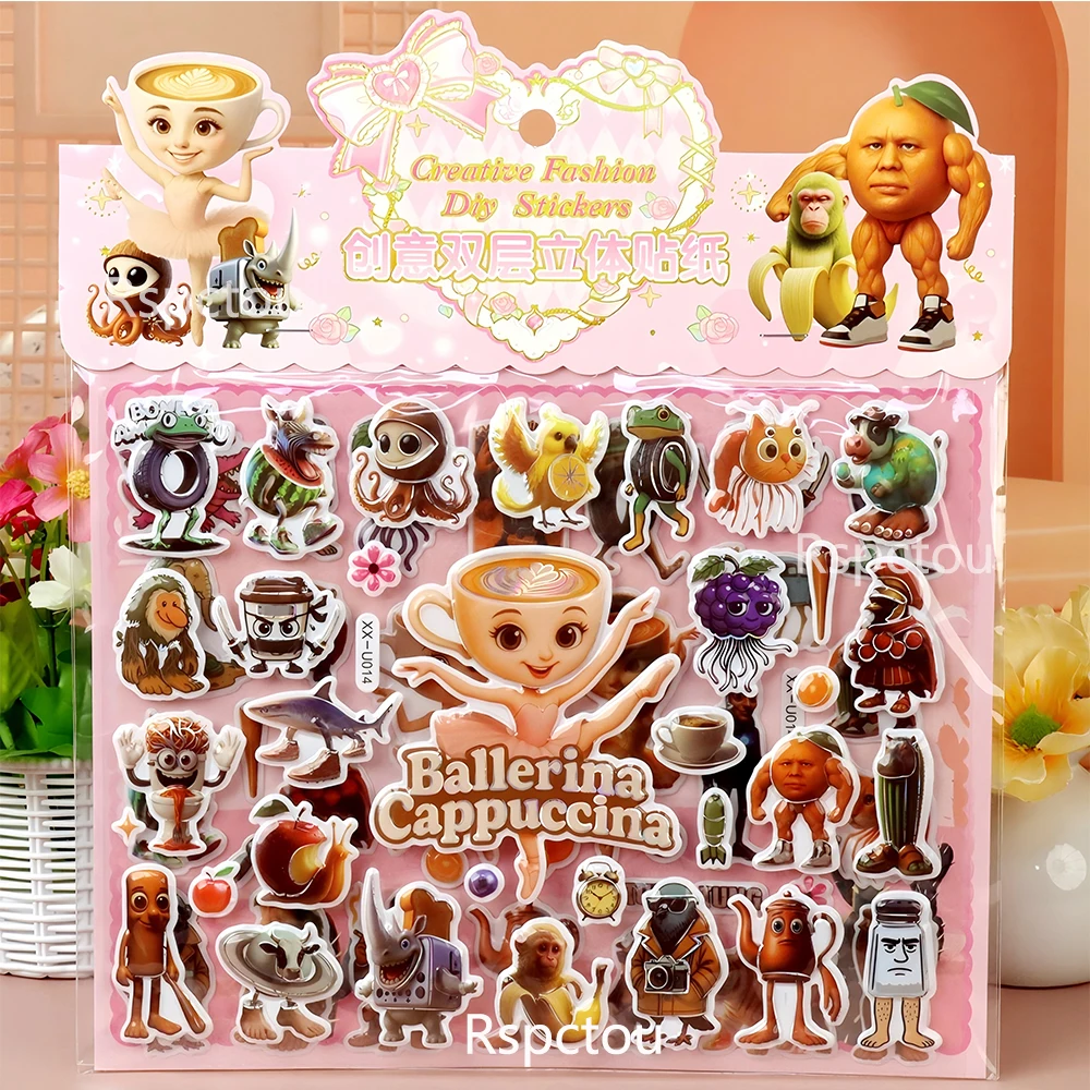 مزدوجة الطبقات الإيطالية Brainrot ثلاثية الأبعاد ملصقات الإغاثة مضحك تونغ تونغ الصحور فقاعة الشارات لطيف ملصق يدوي الصنع اللعب الهدايا