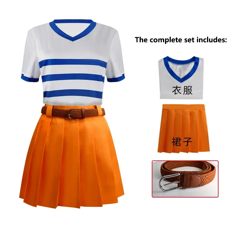 Disfraz de Nami para mujer, camiseta a rayas azul y blanca con cuello en V, Top informal de manga corta, faldas cortas, trajes con cinturón, traje de Halloween