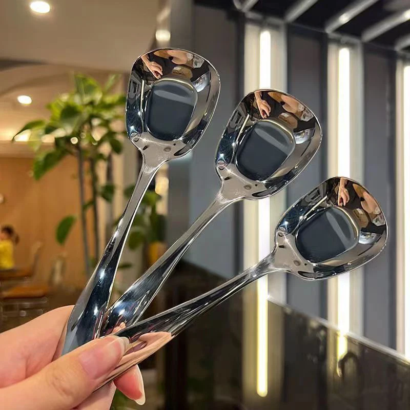 Square Head Spoon Stainless Steel Square Dinner Spoons Rice Dinnerware Child Long Handle Drink Spoon For Ice Cream Dessert