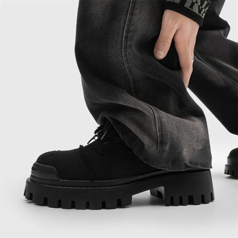 Paris  Shoes Men's Denim Canvas Breathable Thick Bottom Workwear Casual Big Head Shoes Four Star British Style round Toe