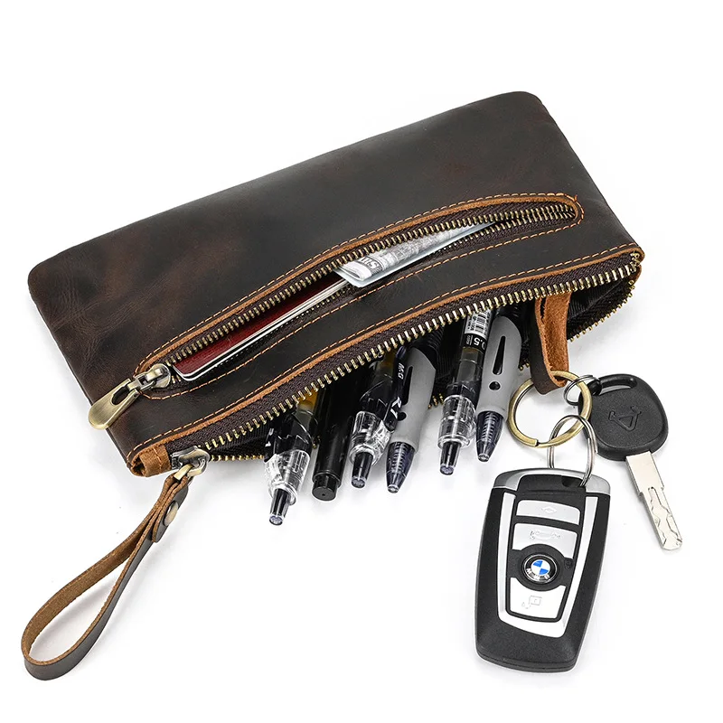 Long Leather Wallet Simple Zipper Wallet Thin Genuine Leather Money Clip Handheld Retro Style Vertical Shape Pure Color