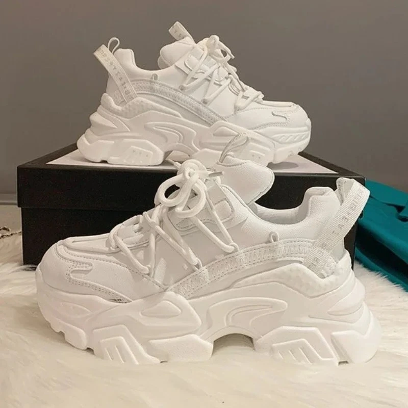 Platform Sneakers for Women Fashion White Lace Up Running Shoes Casual Comfortable Round Toe Chunky Sport Shoes Zapatos De Mujer