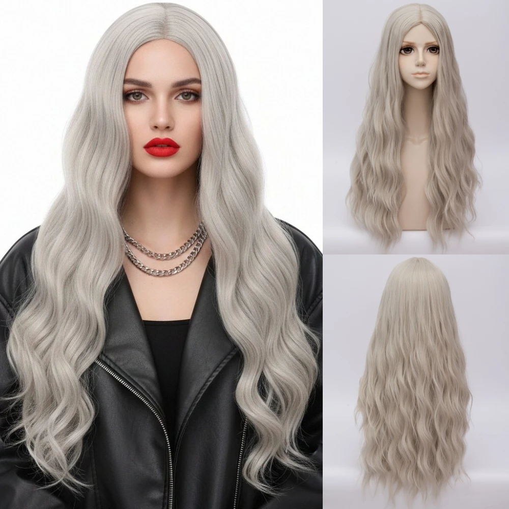 Beige Long Synthetic Wavy Hair Fashionable Cosplay Wig Anime Game Heat Resistant Wig for Daily Party Women's Wig